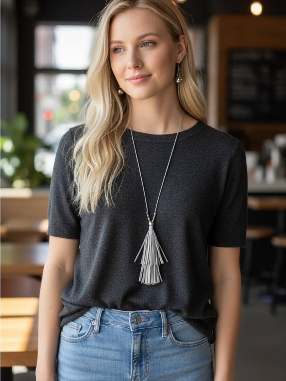 Gray Tassel Pendant Necklace - Women's Long Leather Fringe Necklace